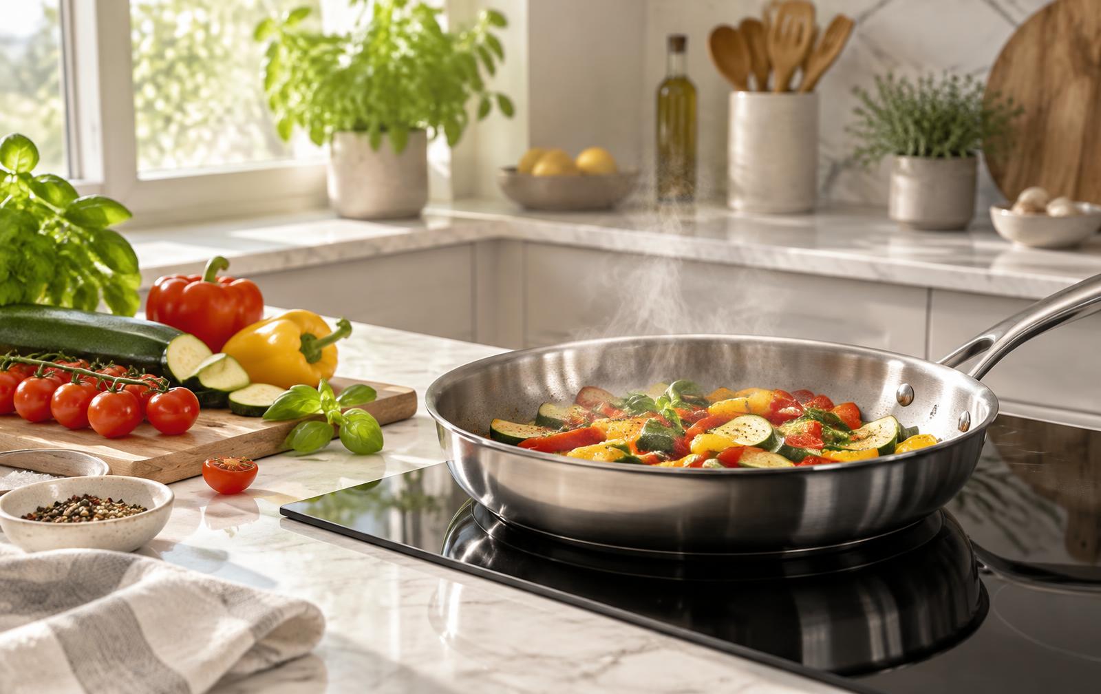 Bright modern kitchen with vegetables sautéing in a pan on the cooktop